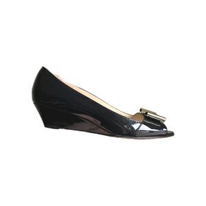 kate spade Black Patent Leather Peep-Toe Wedge Heels with Bow